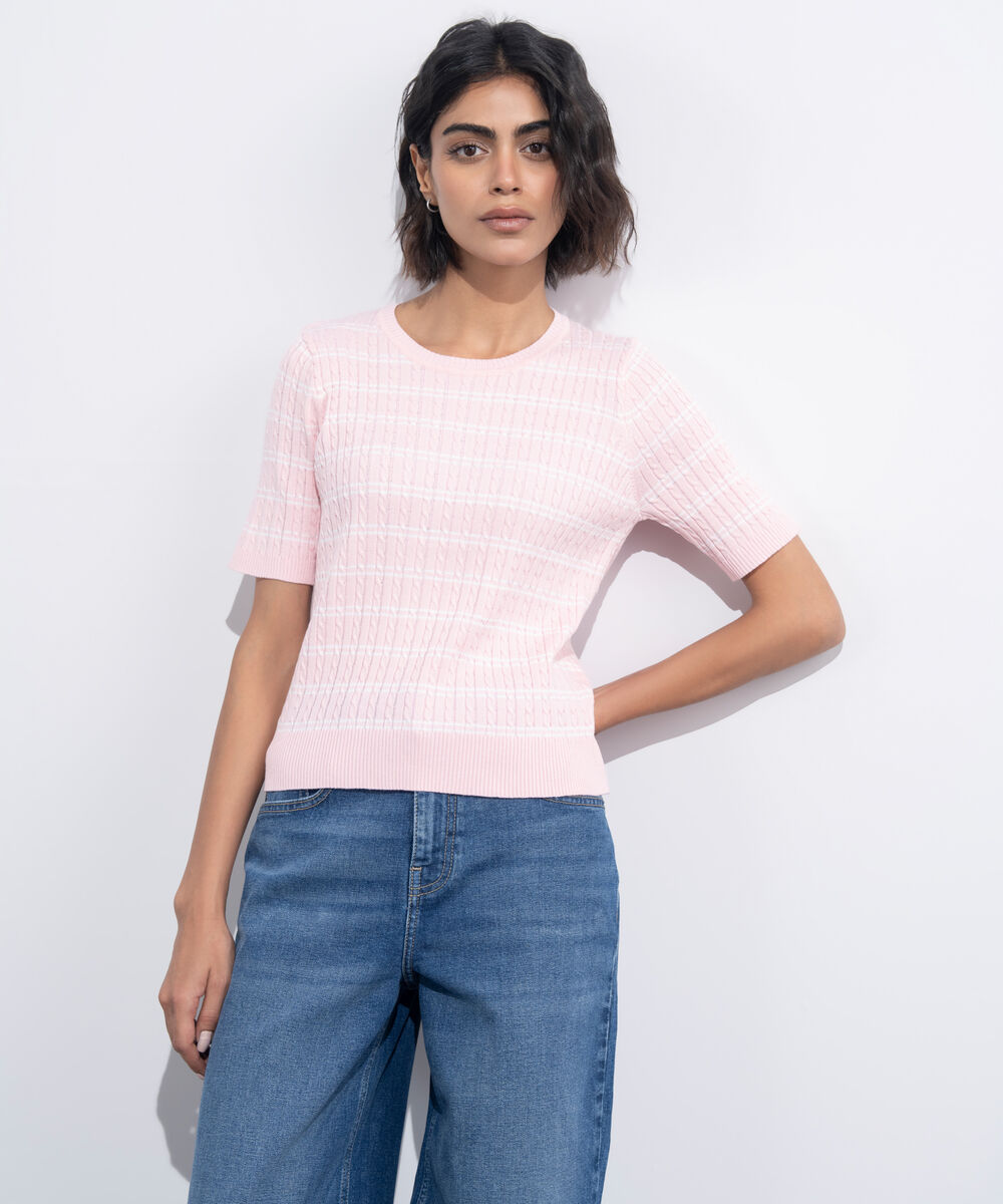 Women's Western Wear Pink Short Sleeve Striped Sweater