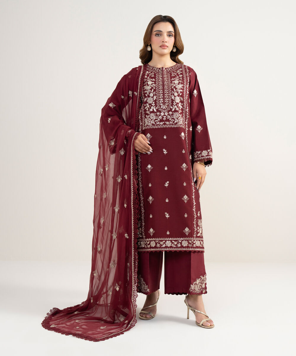 Women's Unstitched Cotton Net Embroidered Red 3 Piece Suit