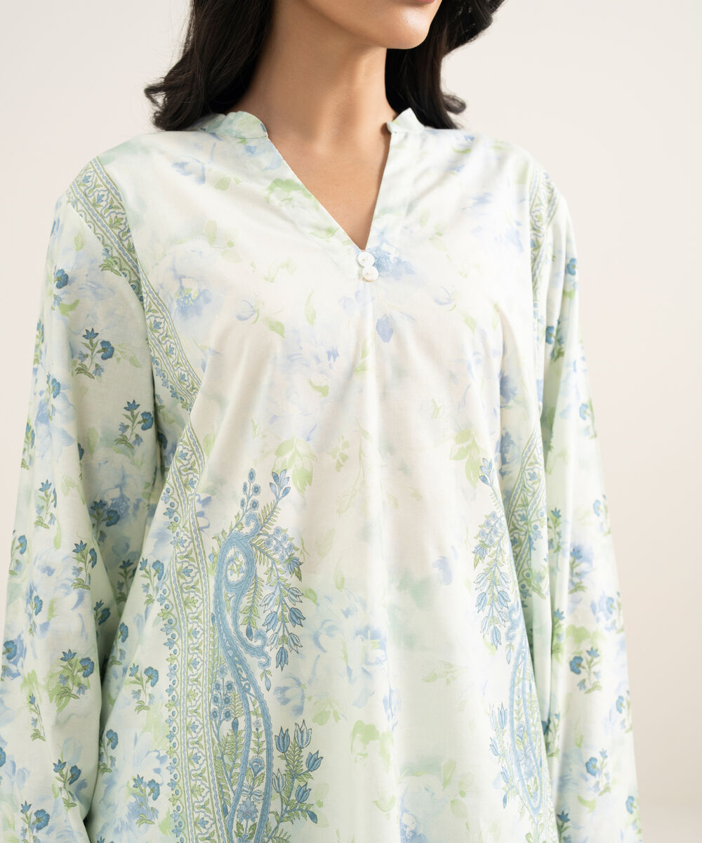 Women's RTW Cotton Viscose Printed Green Straight Shirt