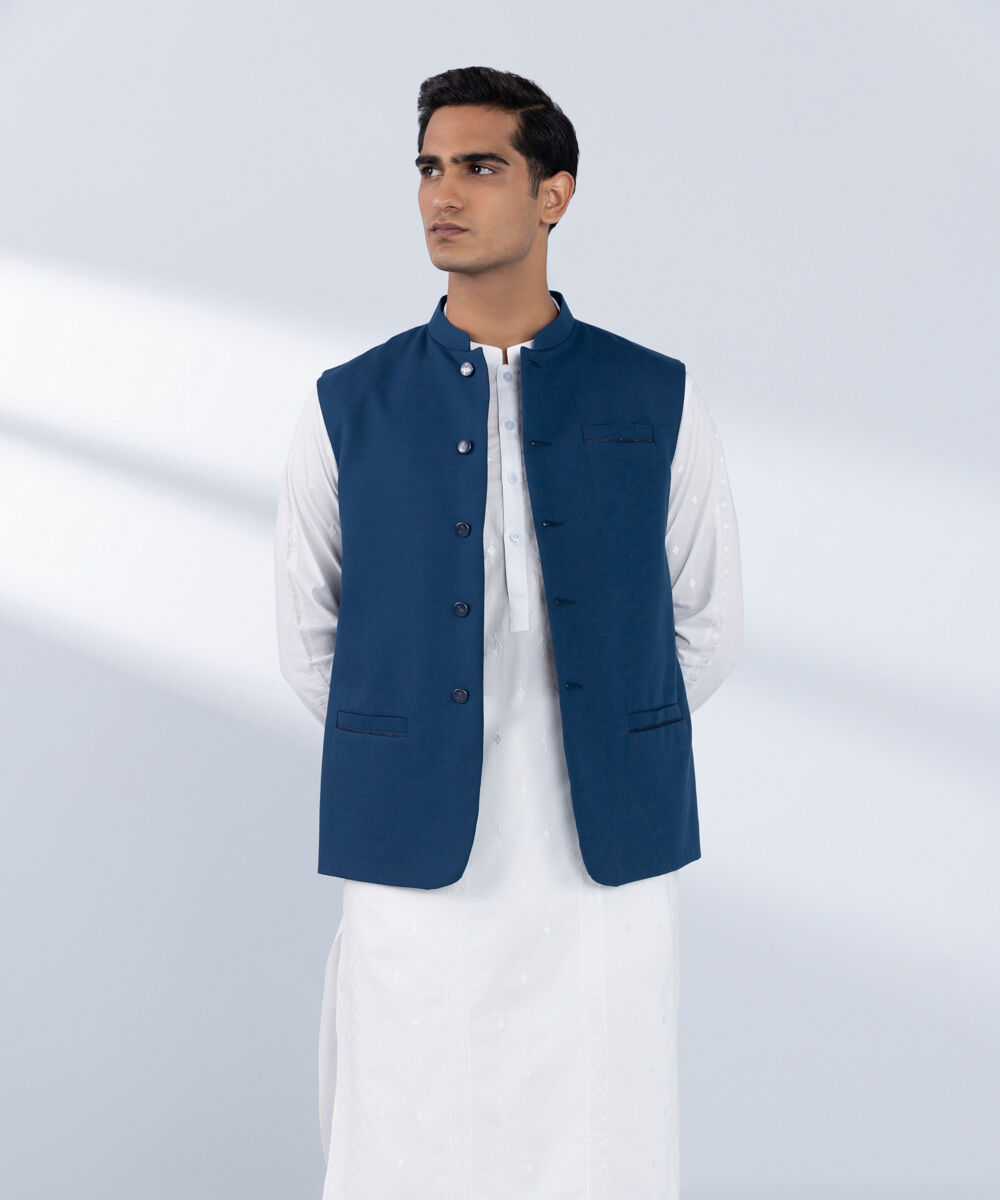 Men's Stitched Embroidered Blue Waistcoat