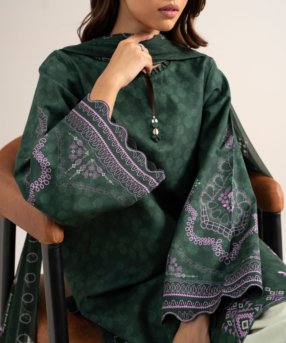 Women's Unstitched Cotton Printed Green  3 Piece Suit