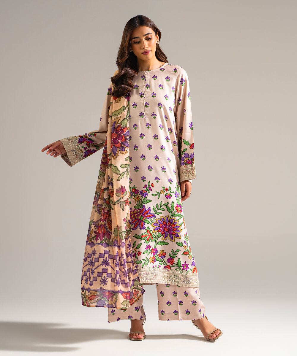 Women's RTW Self Jacquard Embroidered Beige 3 Piece Suit