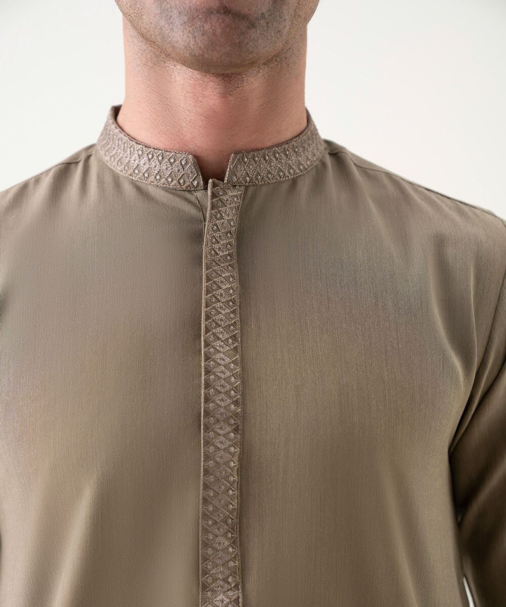 Men's Viscose Embroidered Beige Kurta Shalwar