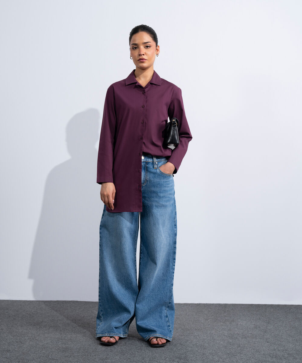 Women's Western Burgundy Long Button Through Shirt