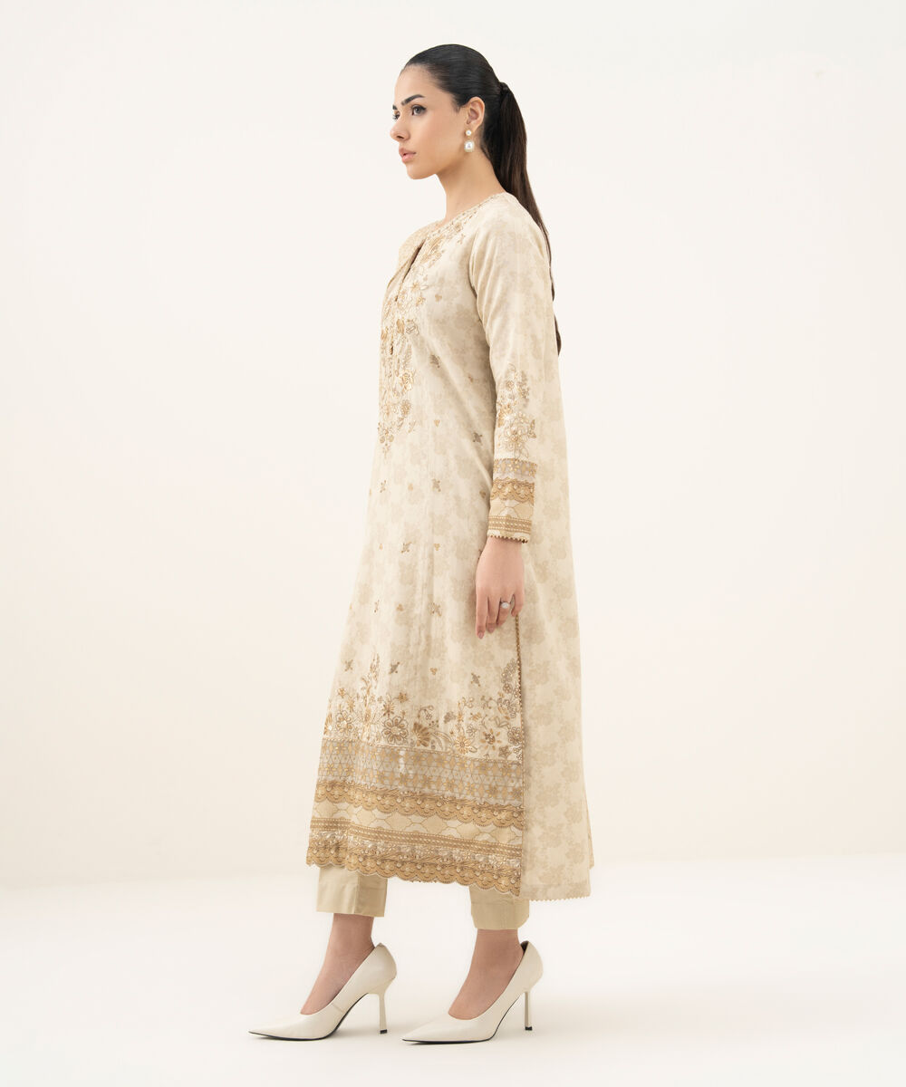 Women's Unstitched Embroidered Cotton Jacquard Beige 3 Piece Suit