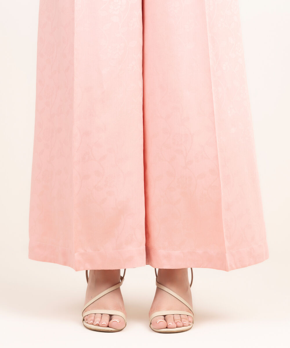 Women's RTW Arabic Self Jacquard Solid Pink Flared Pants