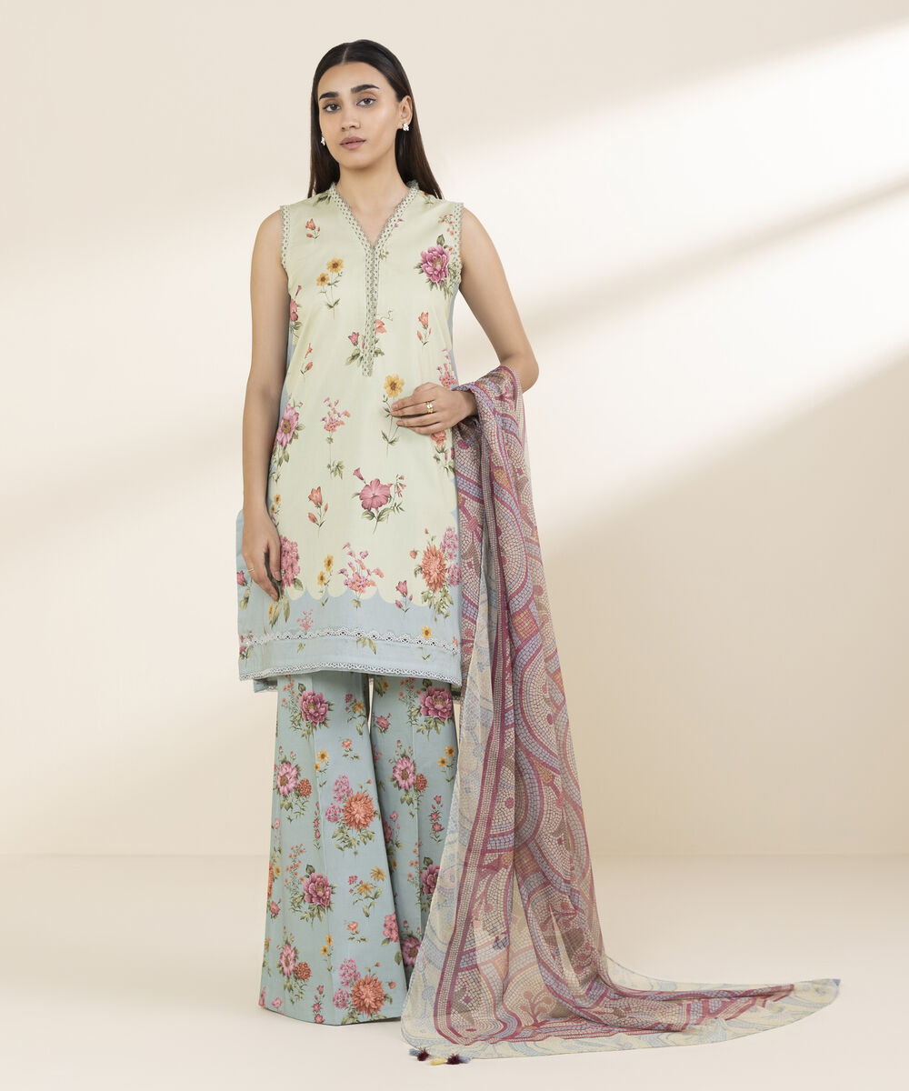 Unstitched Women's Blue Lawn 3 Piece Suit