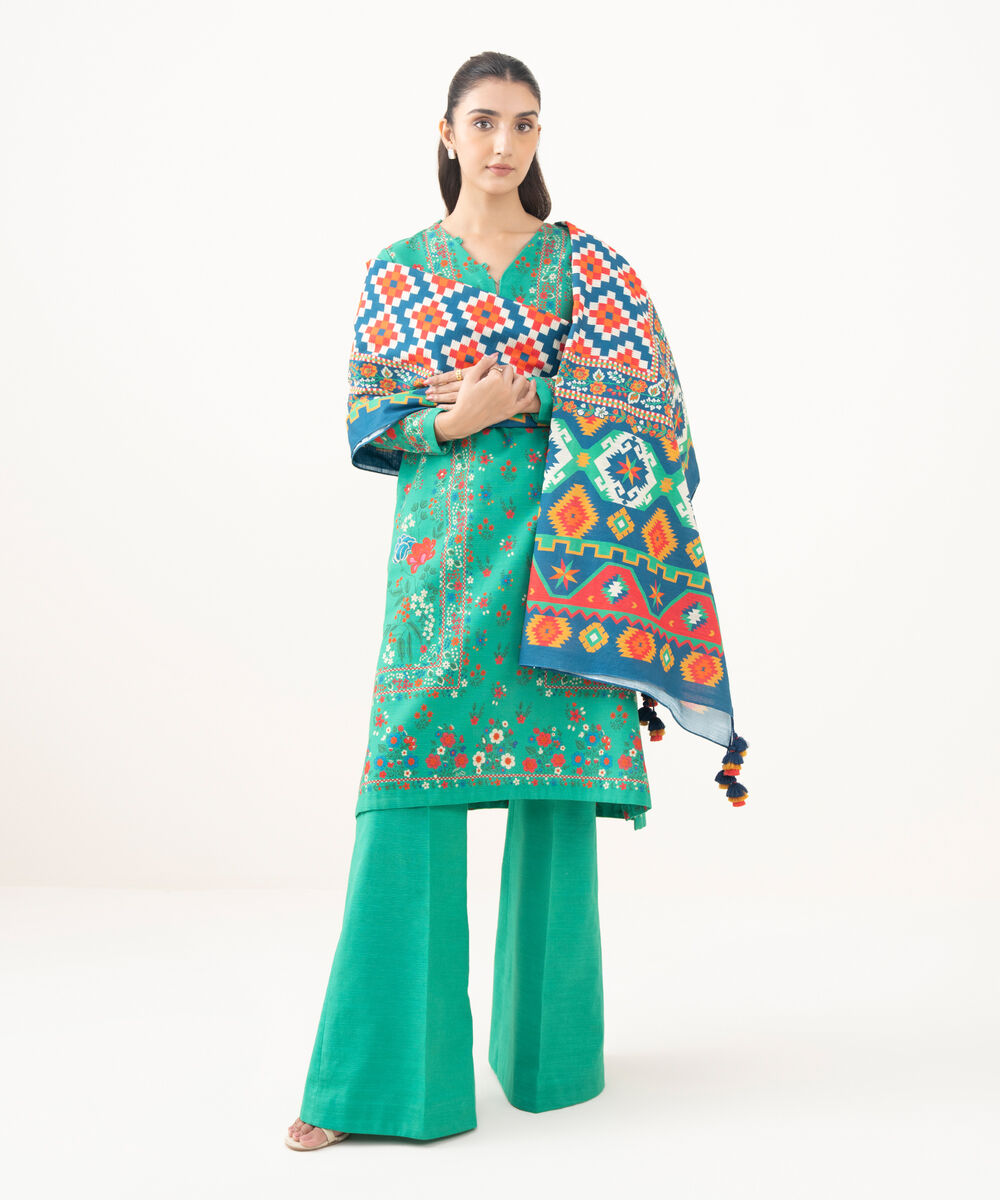 Women's Unstitched Khaddar Printed Green  3 Piece Suit