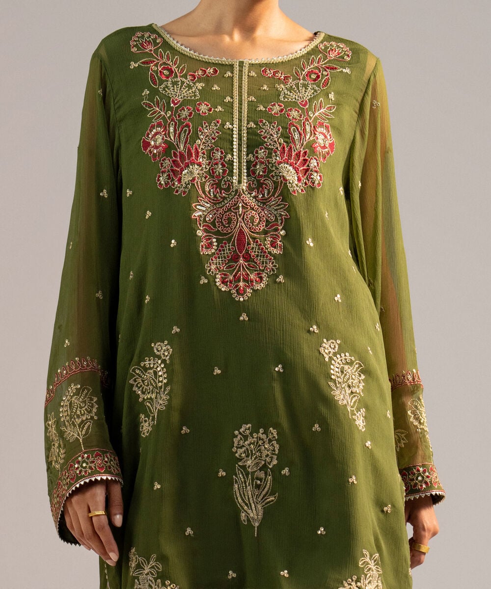 Women's RTW Chiffon Embroidered Green 2 Piece Suit