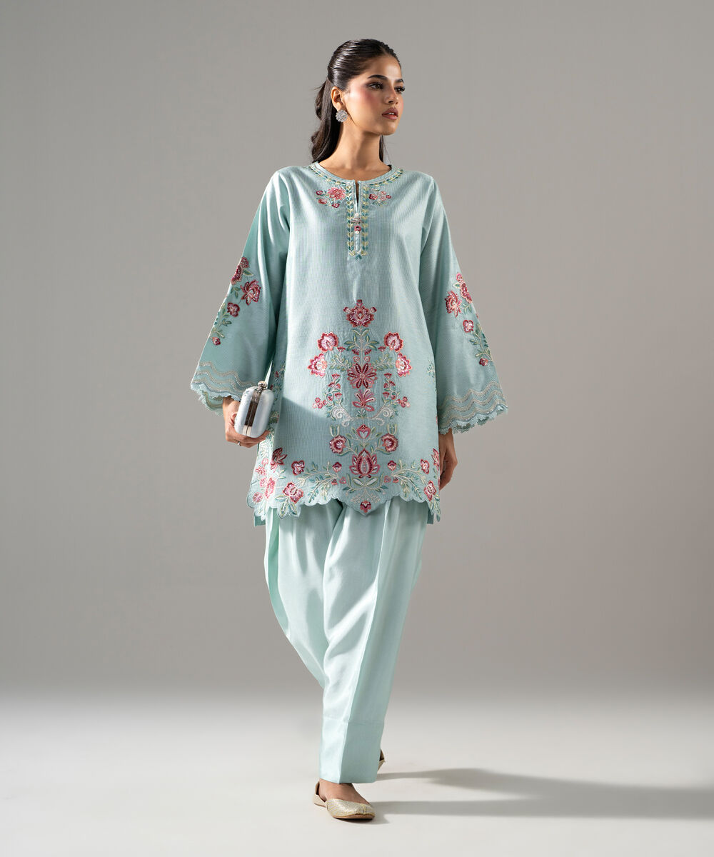 Women's RTW Cotton Net Solid Embroidered Blue 2 Piece Suit