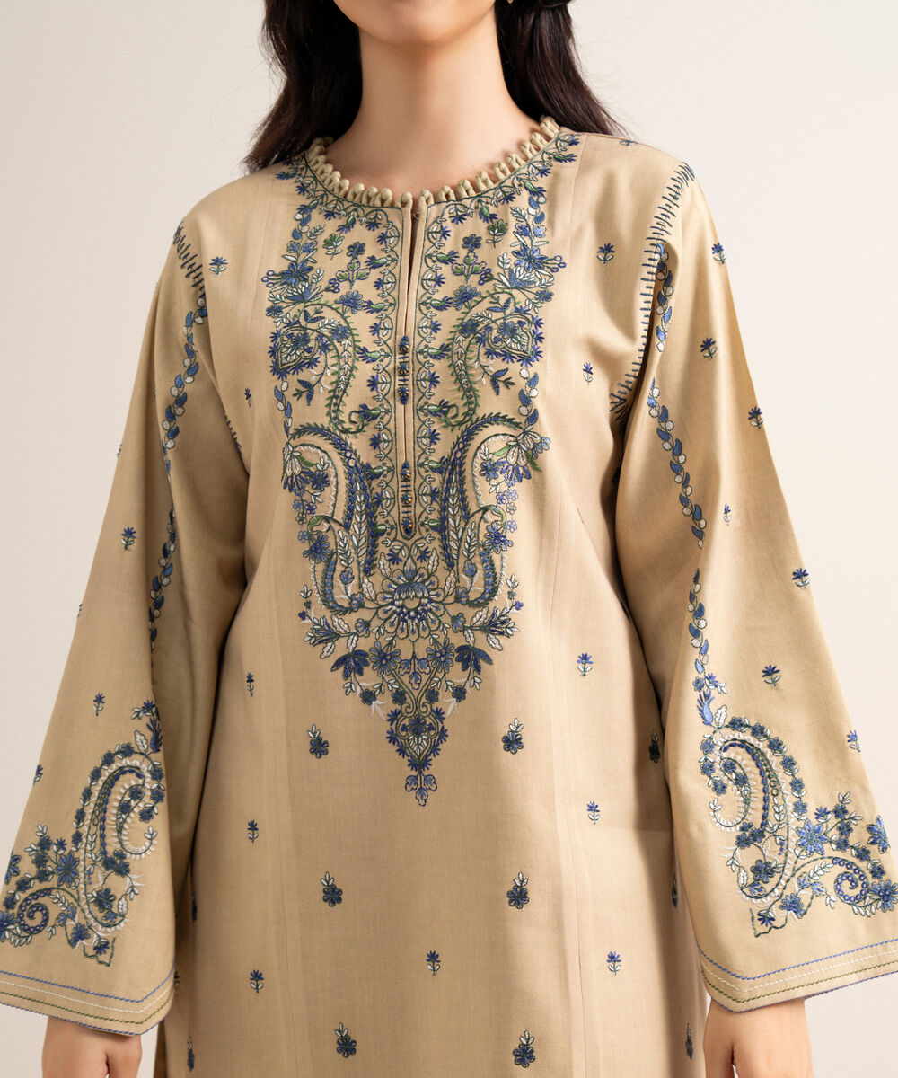 Women's Unstitched Embroidered Linen Offwhite 3 Piece Suit