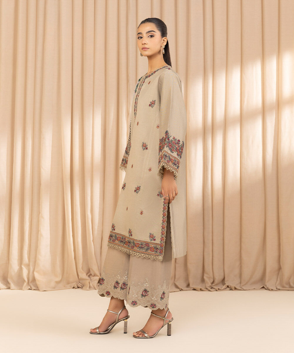 Unstitched Women's Embroidered Cotton Net Beige Three Piece Suit