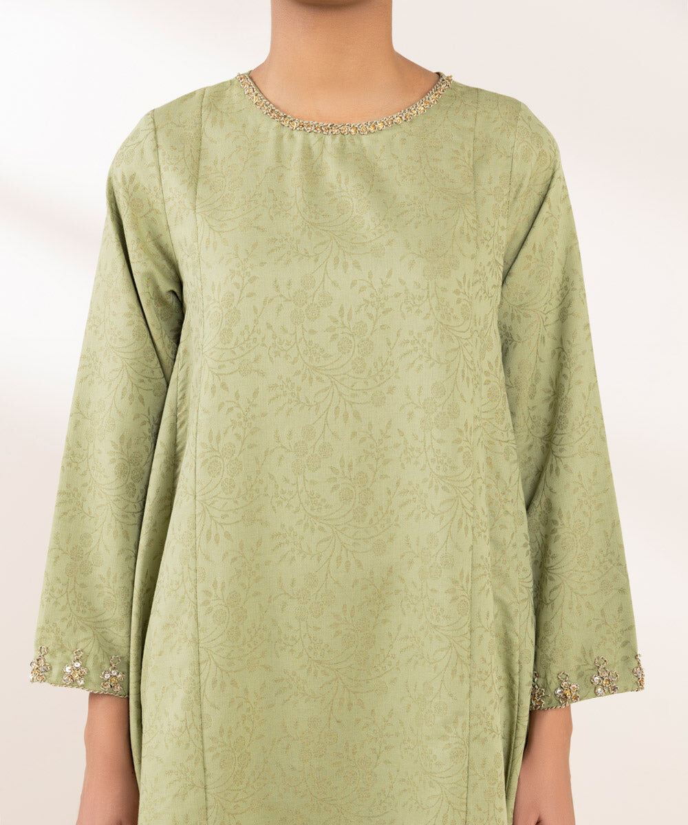 Woman - Green Embroidered Cotton Jacquard Shirt