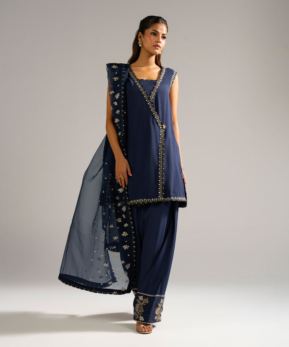 Women's RTW Raw Silk Embroidered Black 3 Piece Suit