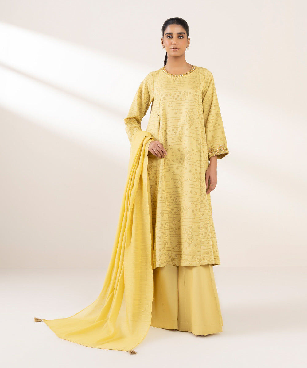 Woman - Yellow Embroidered Cotton Jacquard Shirt