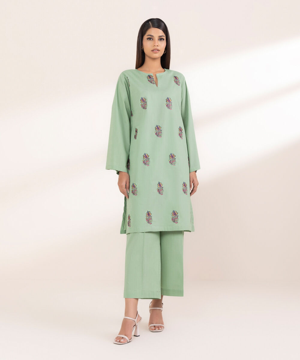 Women's RTW Cross Hatch Green Embroidered Boxy Shirt