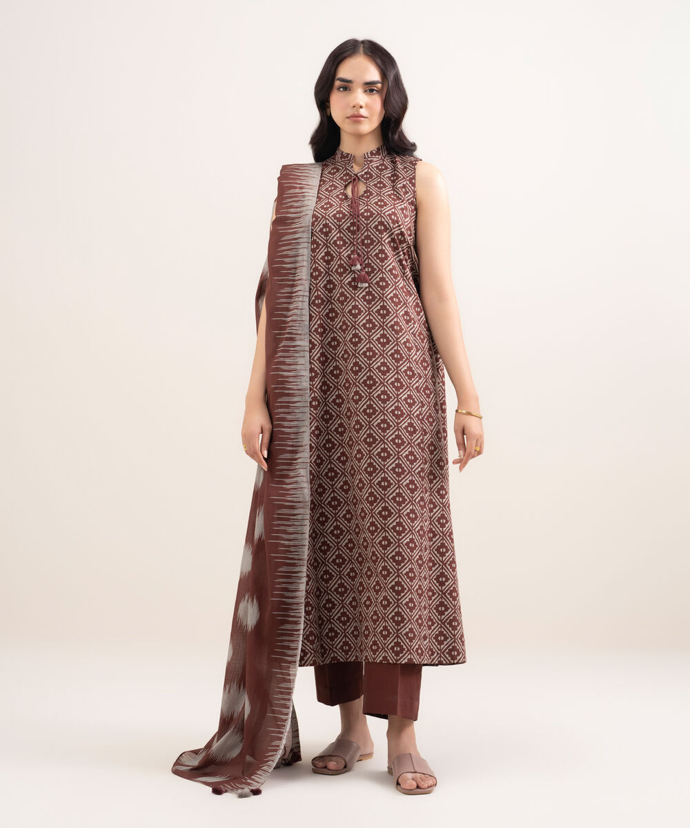 Women's Unstitched Lawn Printed Brown 3 Piece Suit