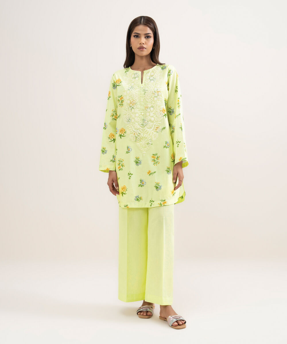 Women's RTW Cambric Embroidered Mint Green Straight Shirt