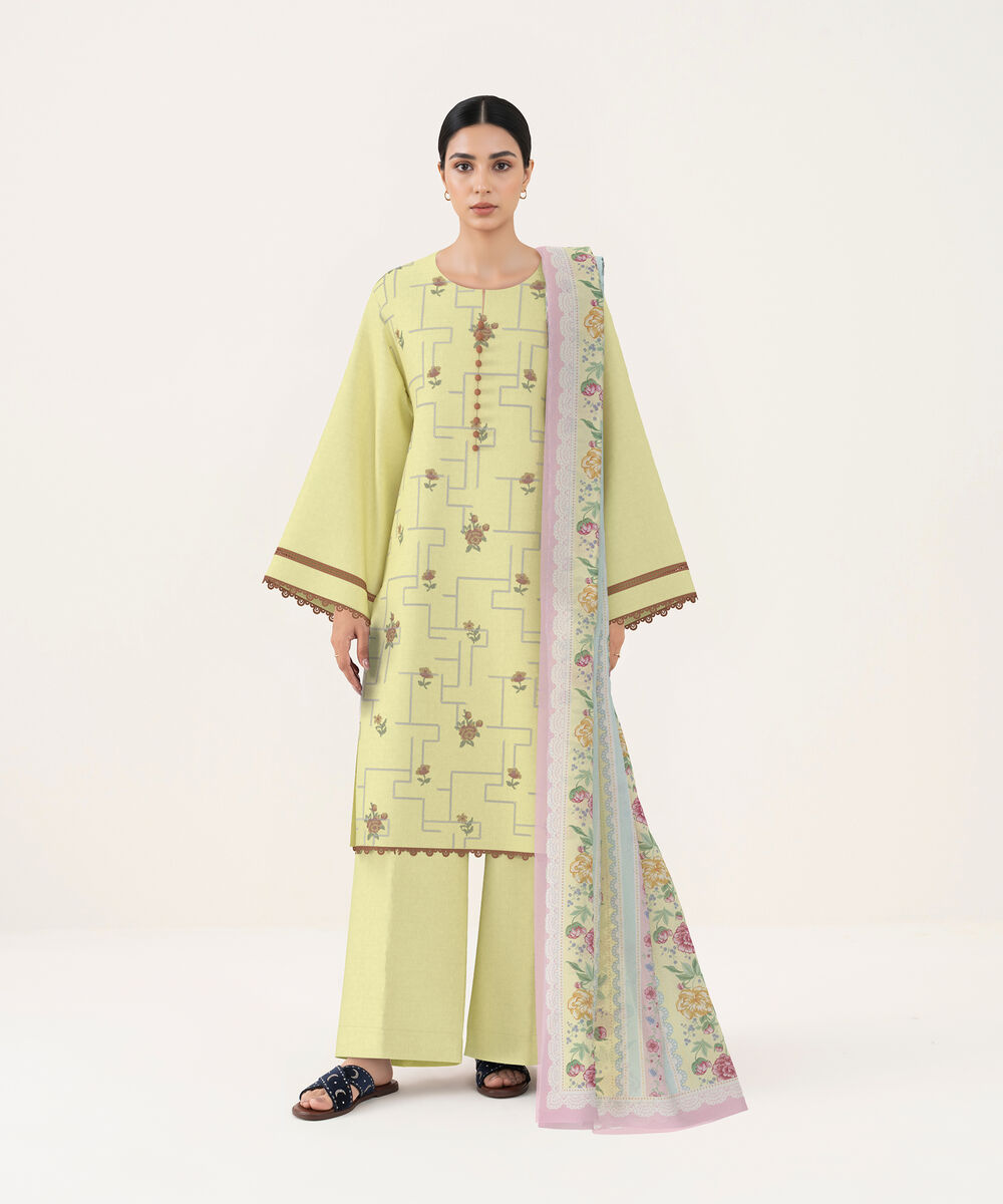 Women's Unstitched Self Jacquard Light Yellow Embroidered 3 Piece Suit