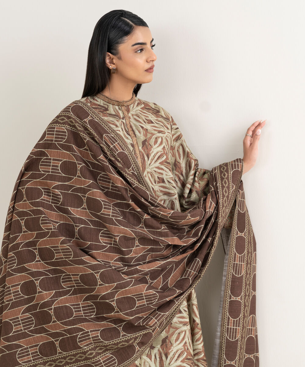 Women's Unstitched Printed Khaddar Brown and Beige 3 Piece Suit