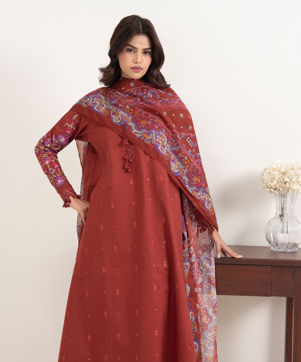 Women's Unstitched Textured Lawn Red Embroidered 3 Piece Suit