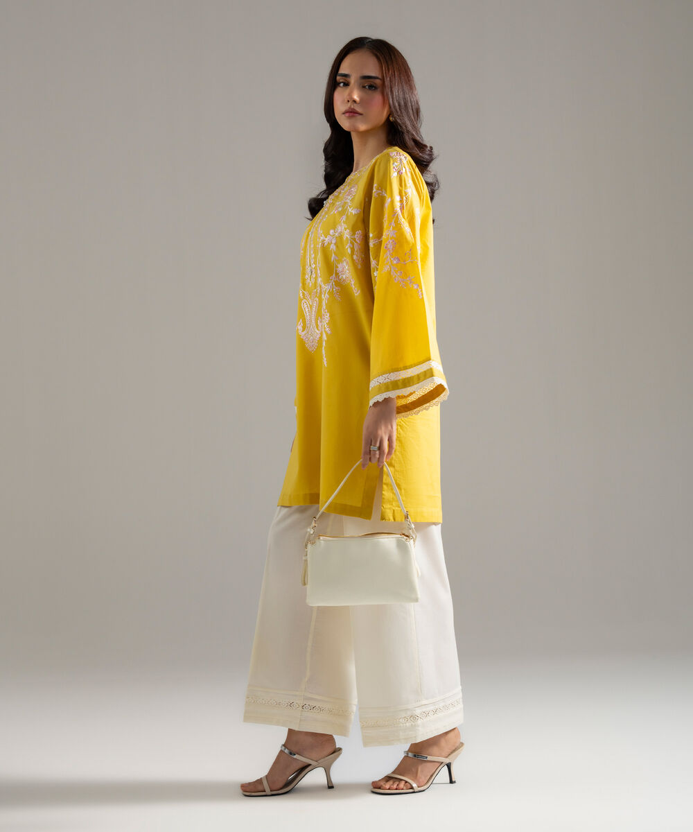 Women's RTW Lawn Solid Embroidered Yellow Straight Shirt