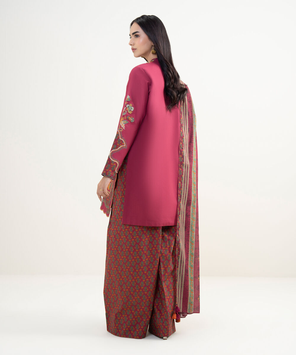 Women's Unstitched Textured Lawn Embroidered Red 3 Piece Suit