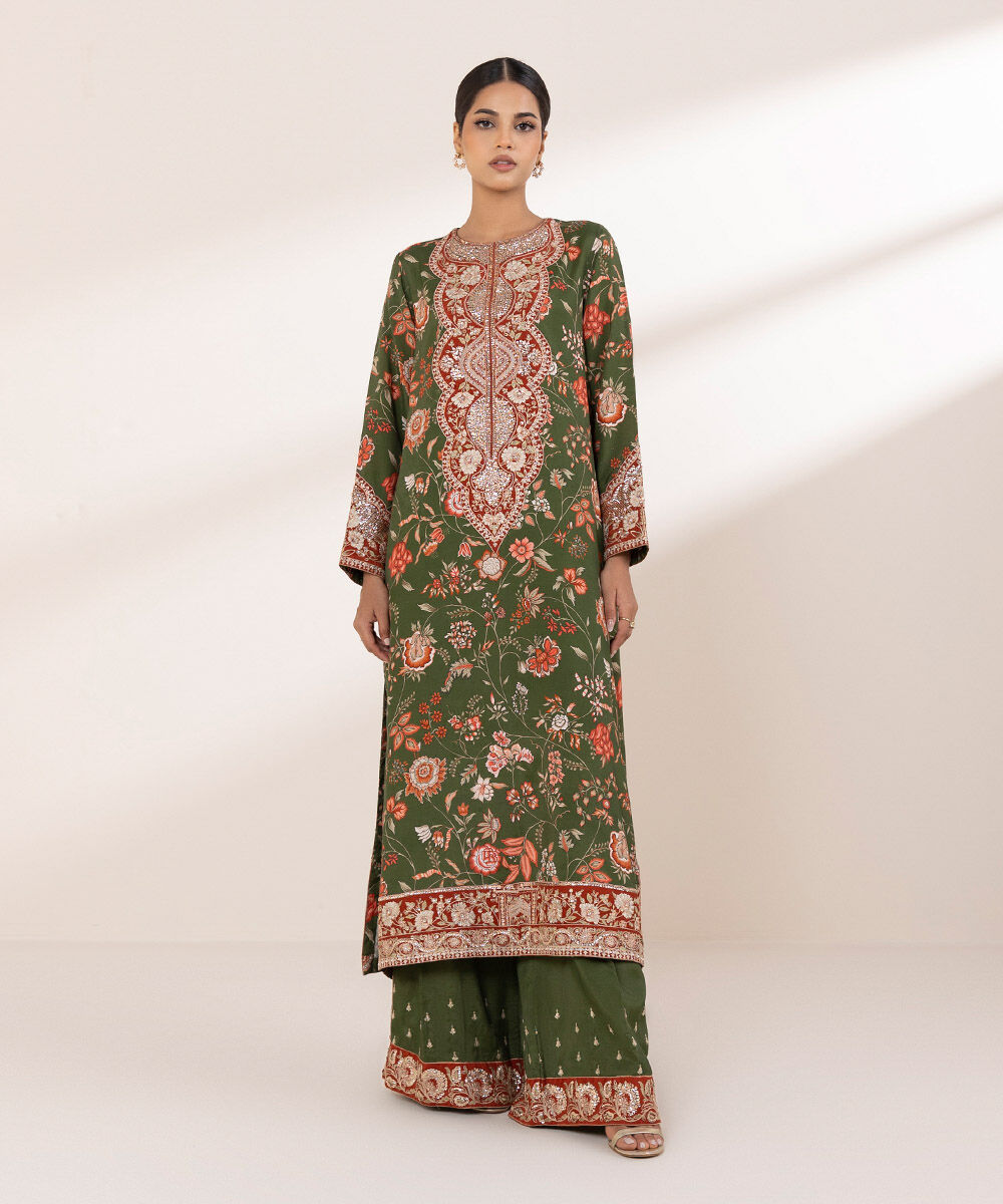 Women's RTW Viscose Raw Silk Green Embroidered Two Piece Suit