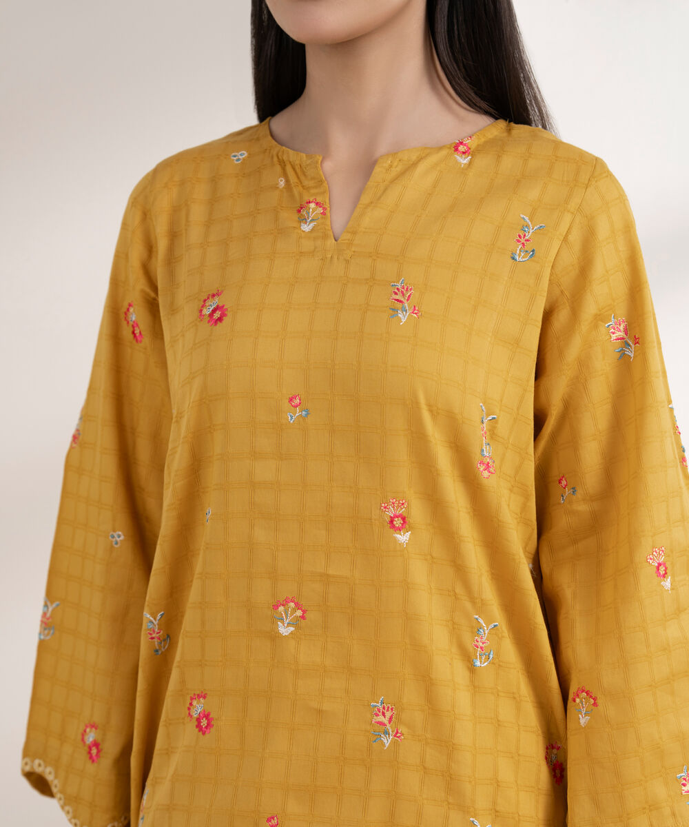 Women's RTW Textured Cotton Embroidered Straight Yellow Shirt