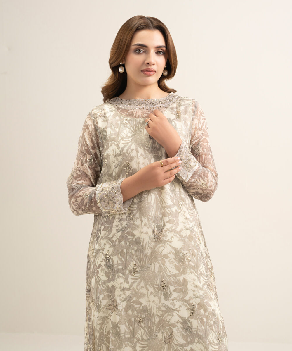 Women's RTW Blended Chiffon Embroidered Off White 2 Piece Suit