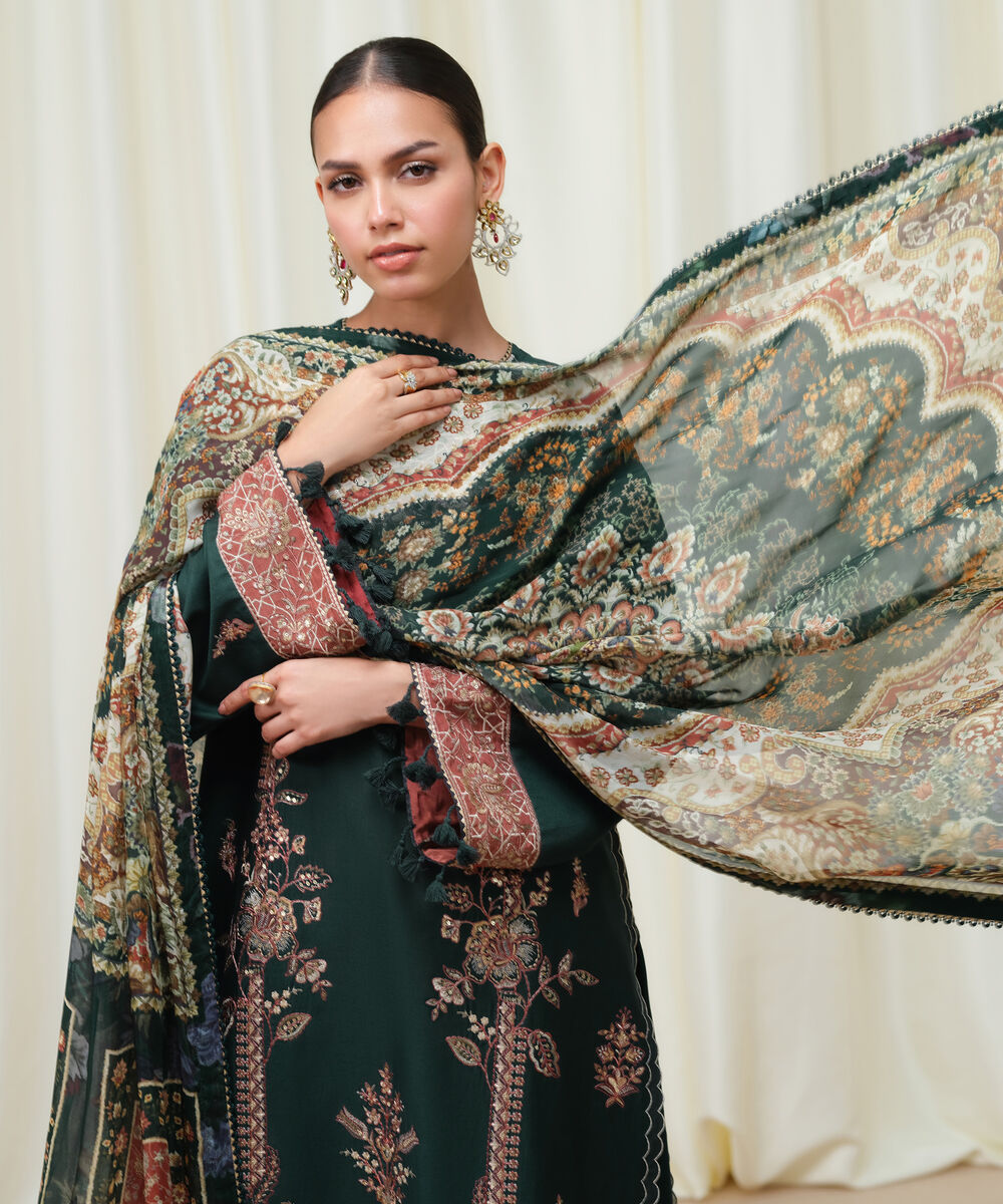 Women's Unstitched Fine Cotton Satin Embroidered Green 3 Piece Suit