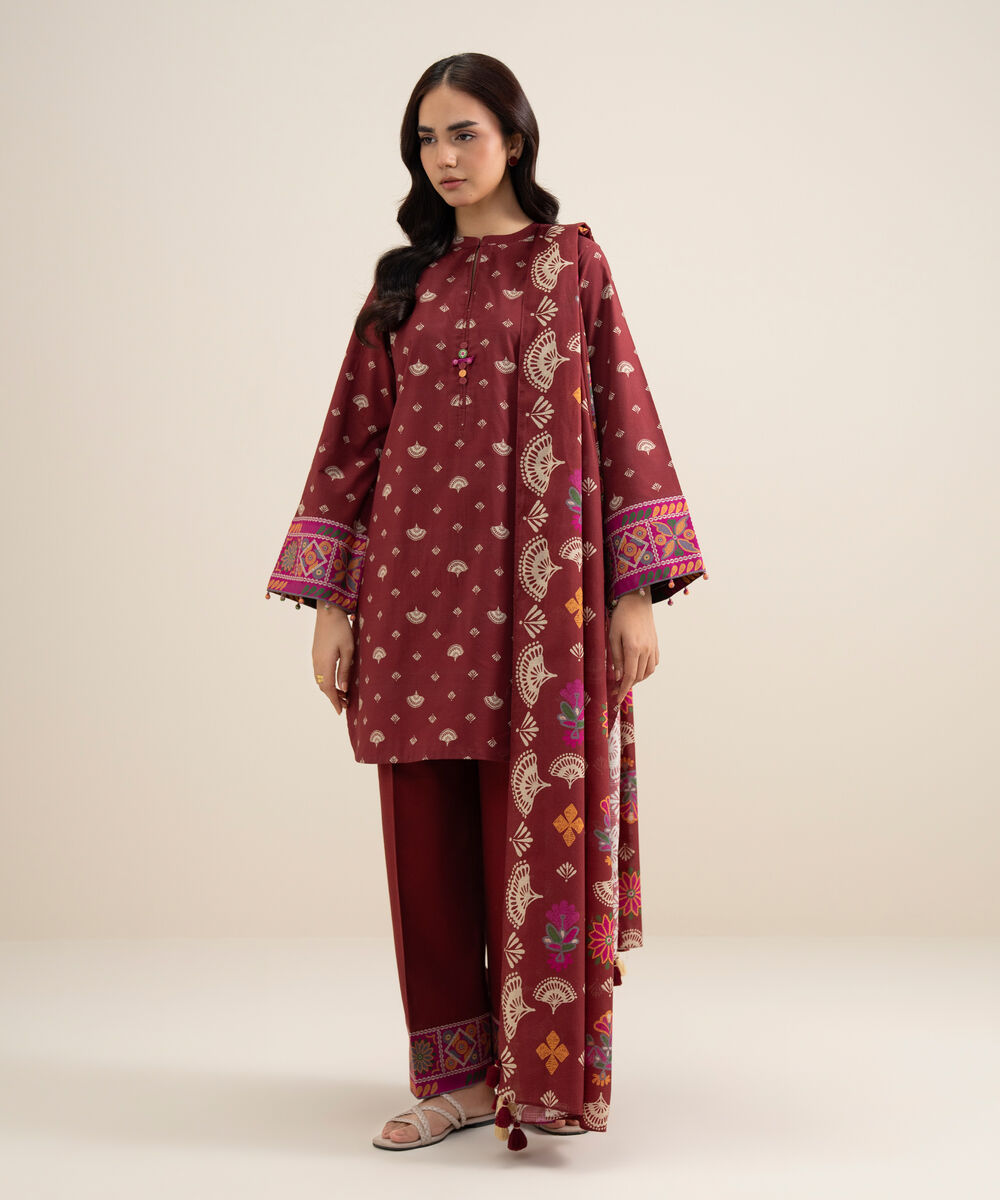 Women's Unstitched Lawn Printed Red 3 Piece Suit