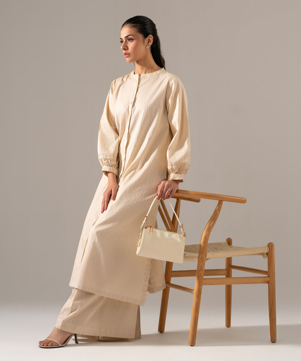 Women's RTW Dobby Strip Solid Off White 2 Piece Suit