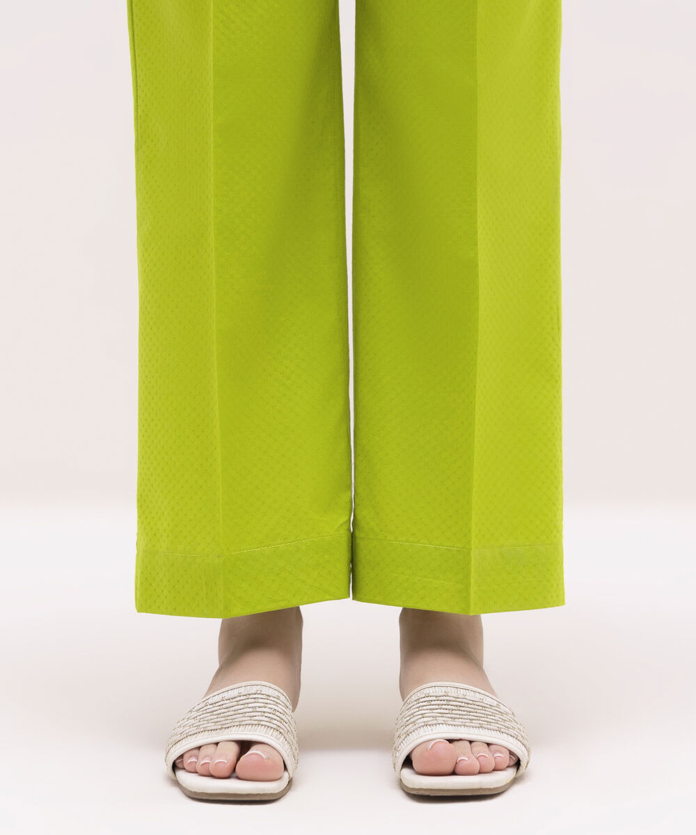 Women's RTW Textured Lawn Green Solid Straight Pants