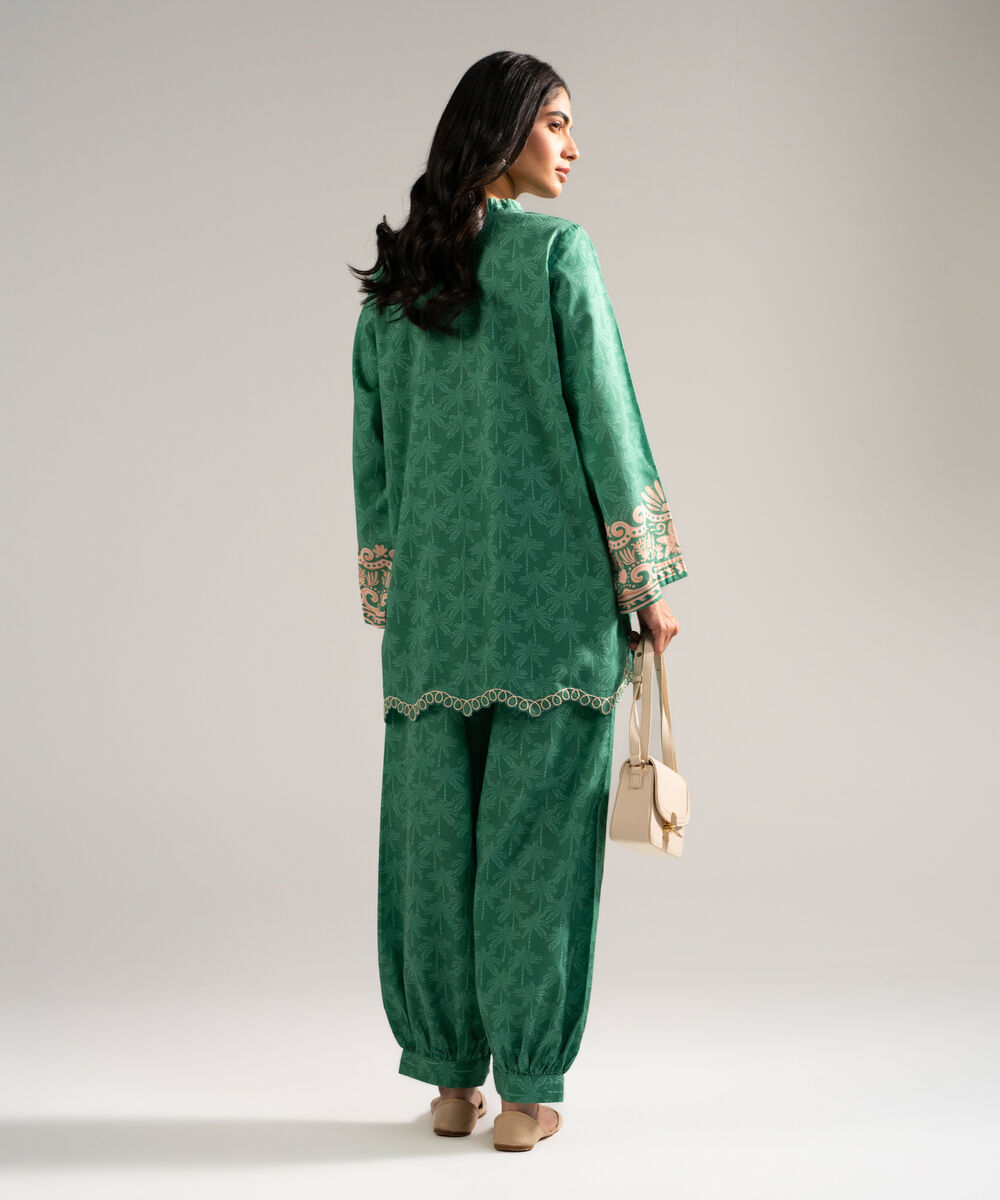 Women's RTW Dobby Embroidered Green Straight Shirt