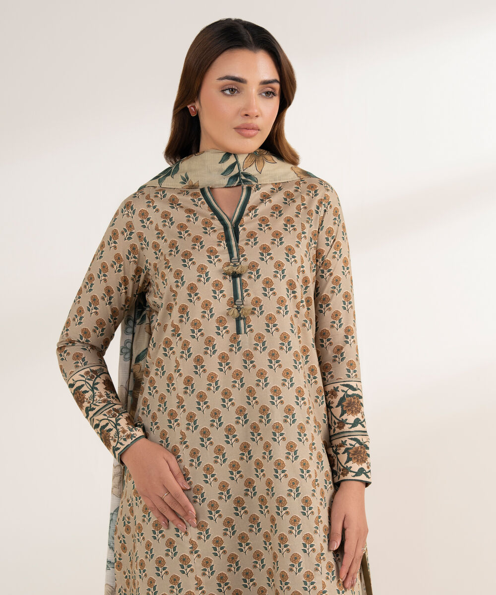 Women's Unstitched Lawn Printed Beige 3 Piece Suit