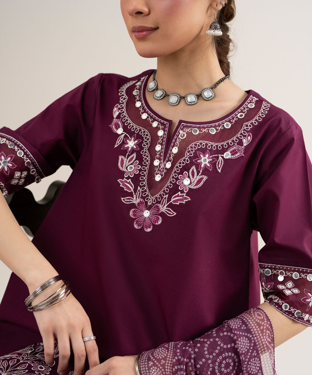 Women's Unstitched Textured Lawn Embroidered Purple 3 Piece Suit