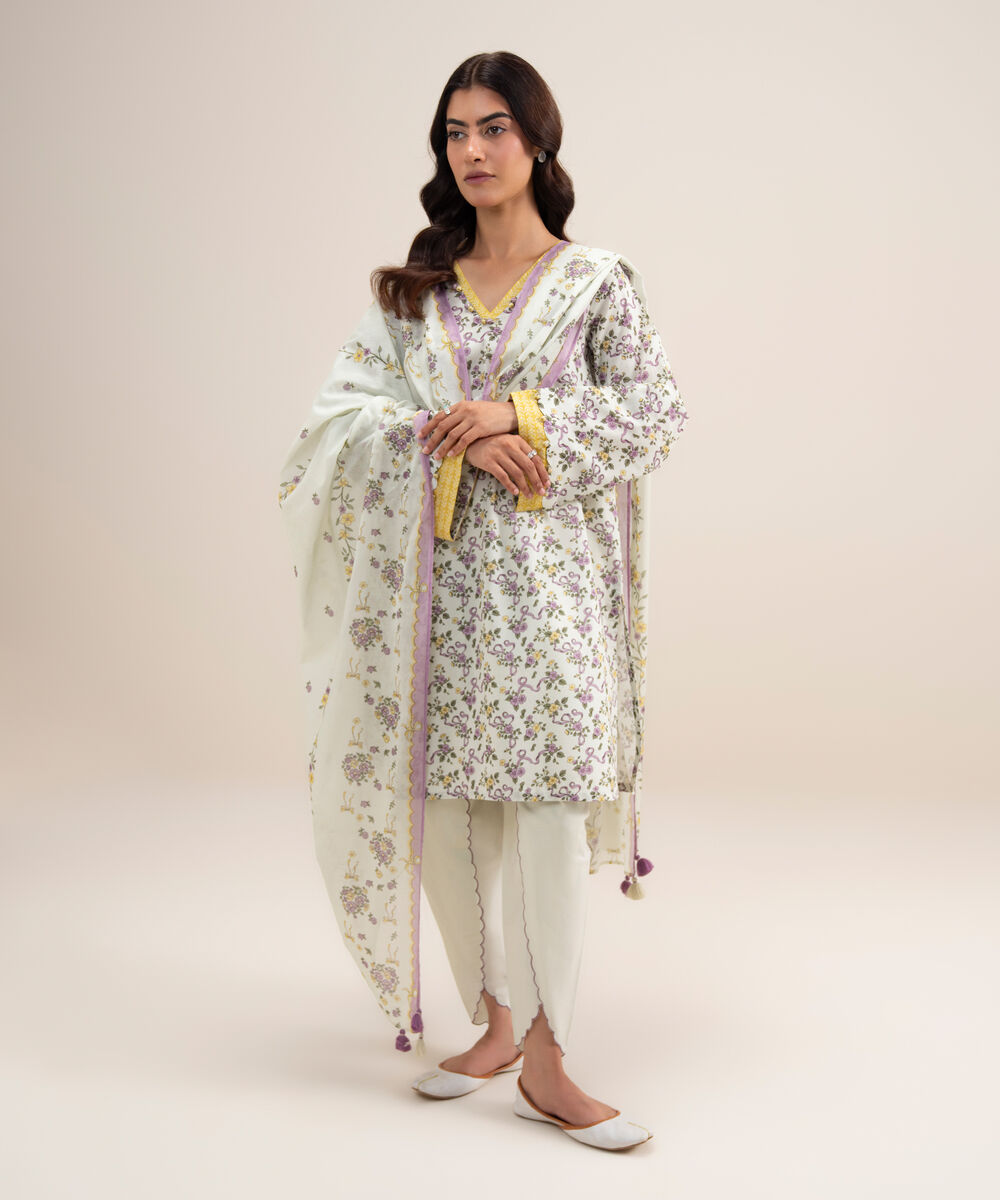 Women's Unstitched Lawn Printed Off White 3 Piece Suit