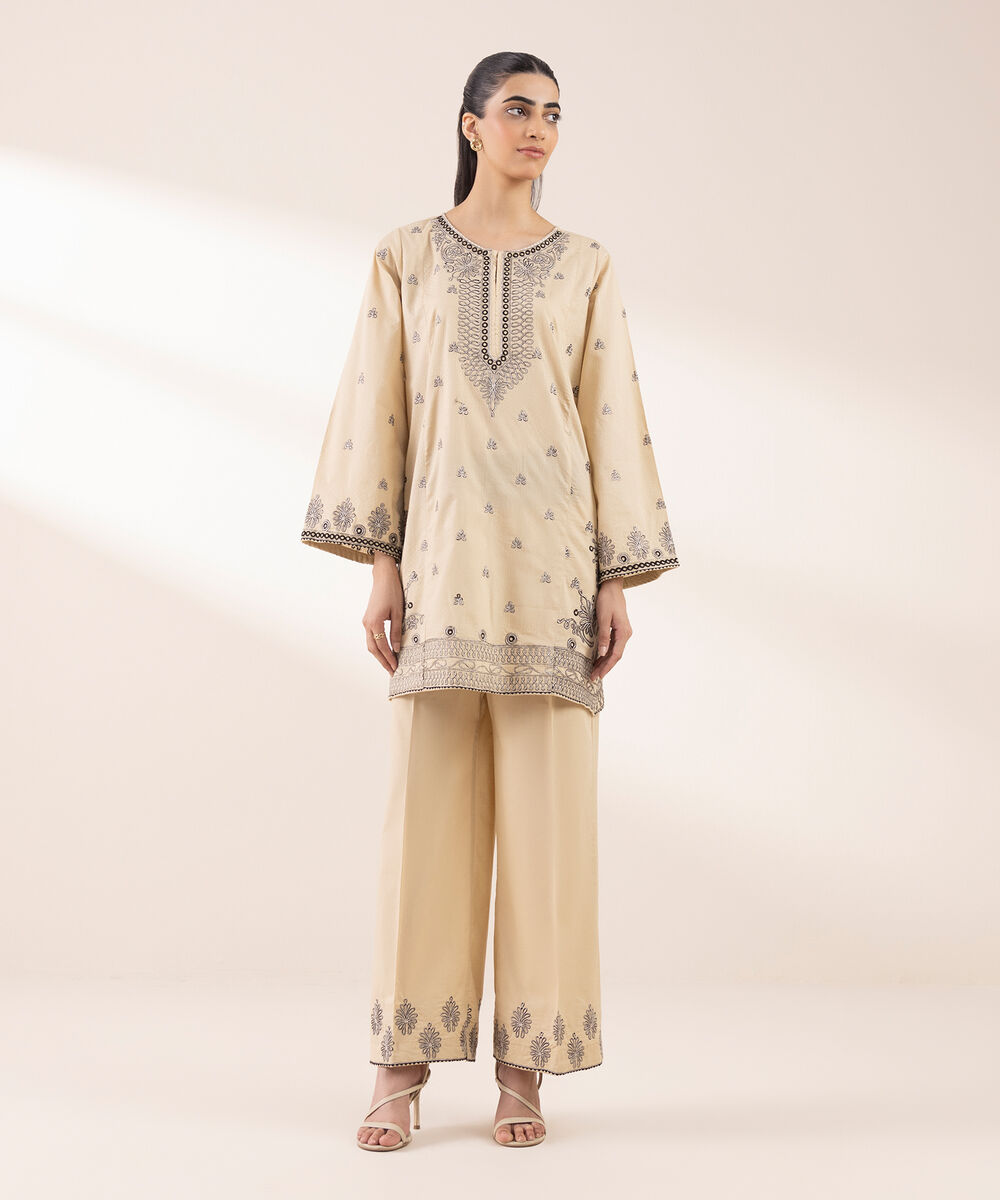 Women's RTW Dobby Beige Embroidered A-Line Shirt