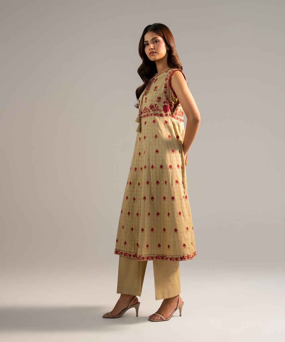 Women's RTW Dobby Embroidered Dark Beige 2 Piece Suit