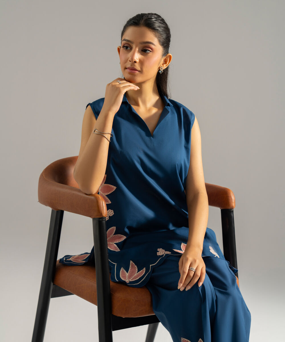 Women's RTW Lawn Solid Embroidered Dark Blue 2 Piece Suit