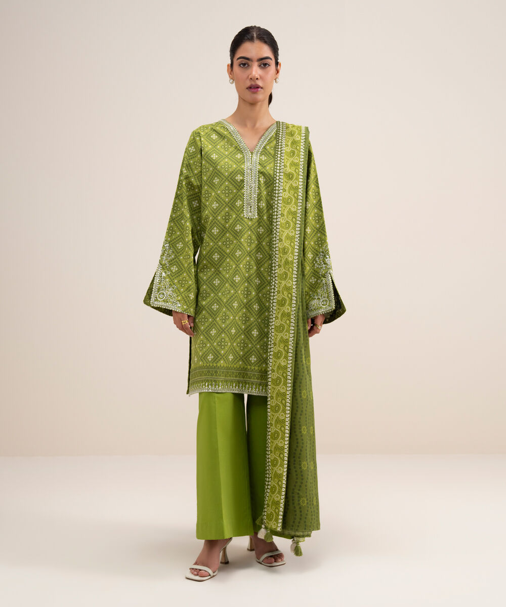 Women's Unstitched Lawn Embroidered Parrot Green 3 Piece Suit