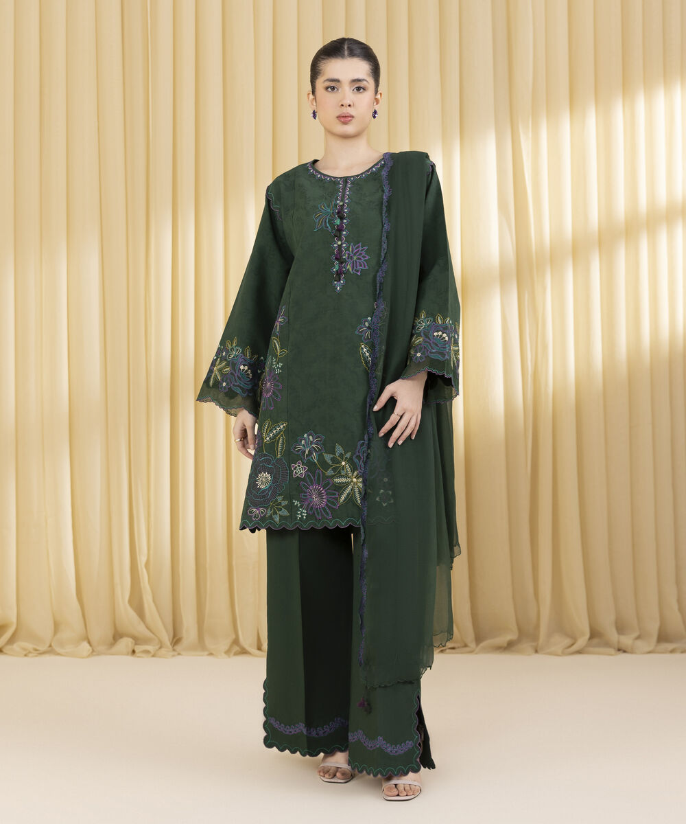 Unstitched Women's Green Cotton Jacquard 3 Piece Suit