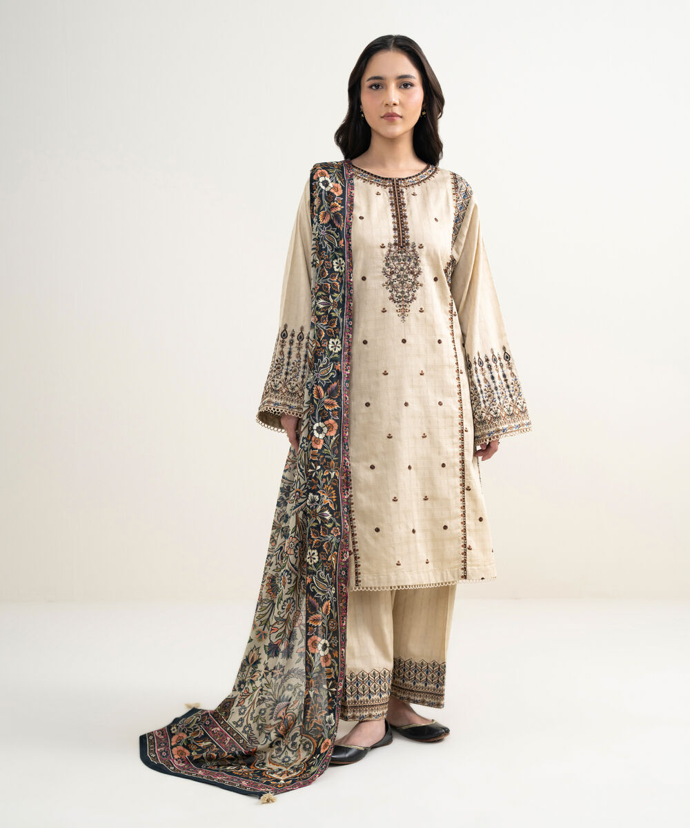 Women's RTW Dobby Embroidered Beige 3 Piece Suit