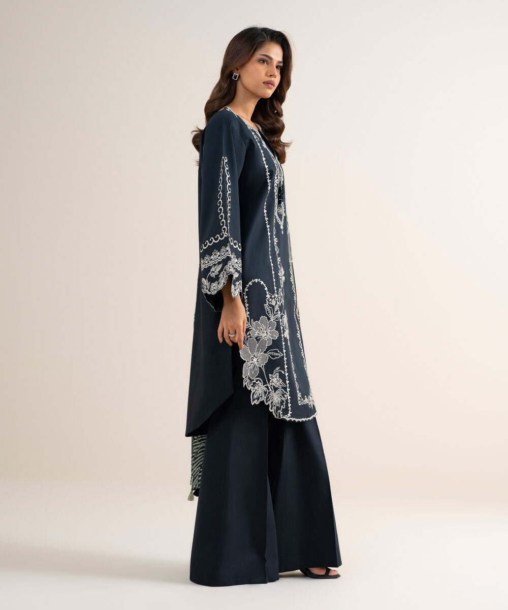 Women's Unstitched Fine Cotton Satin Embroidered Black
