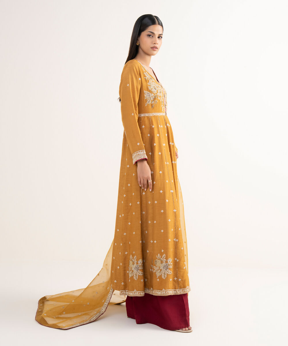 Women's RTW Raw Silk Mustard Embroidered 3 Piece Suit