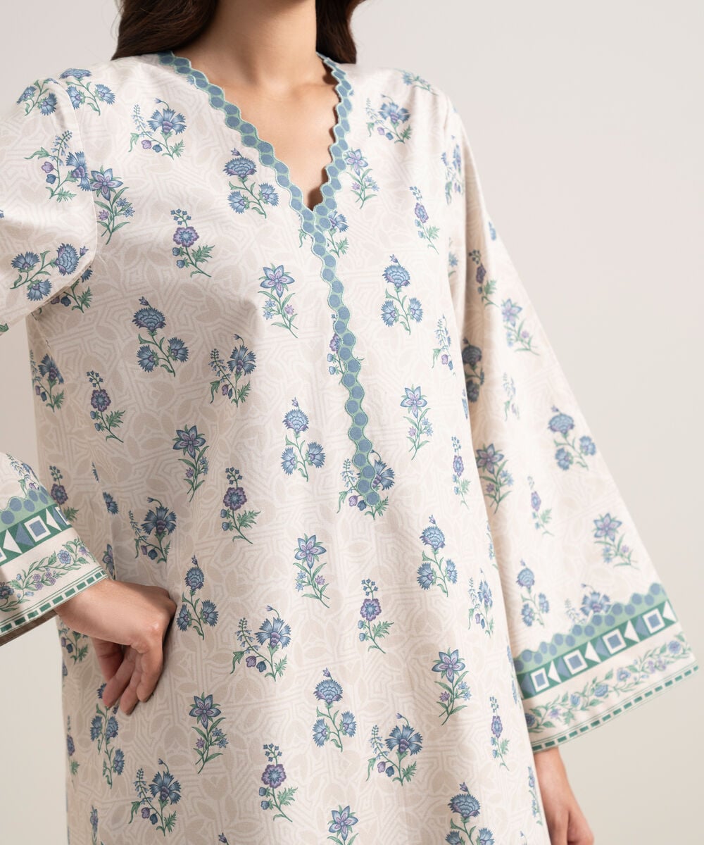 Women's Unstitched Lawn Printed Light Beige 3 Piece Suit