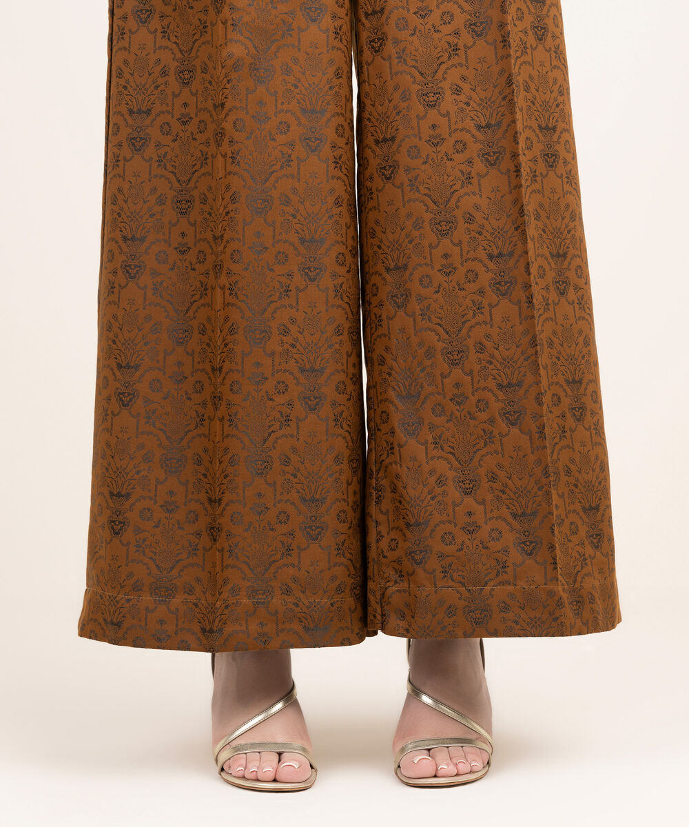 Women's RTW Extra Weft Jacquard Solid Brown Flared Pants