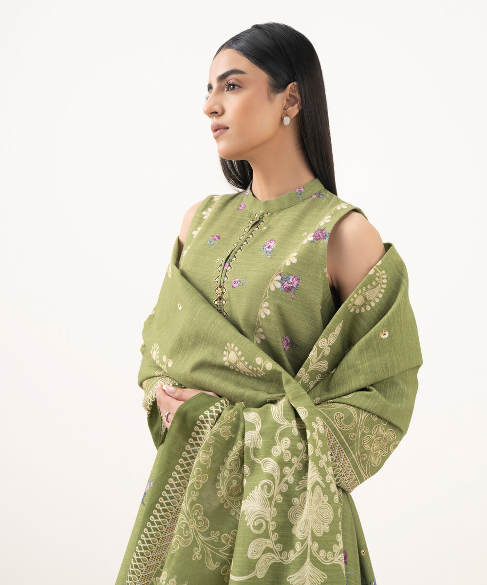 Women's Unstitched Light Khaddar Printed Green 3 Piece Suit