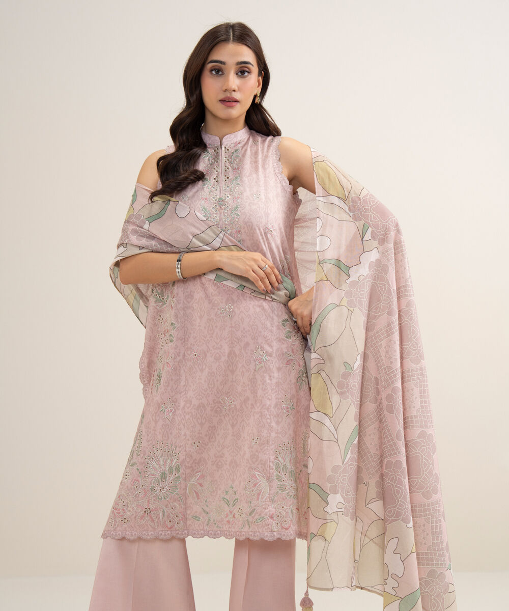 Women's Unstitched Lawn Embroidered Powder Pink 3 Piece Suit